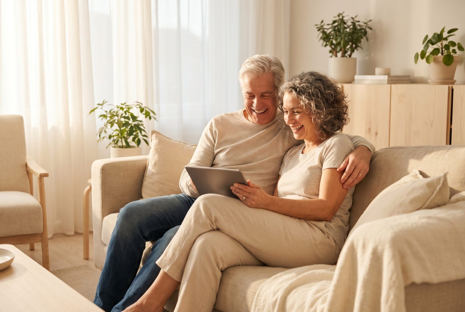 A relaxed couple in their early 60s sitting on a sunlit sofa